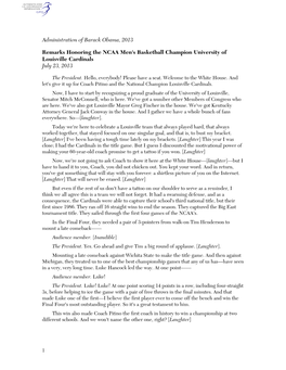 Administration of Barack Obama, 2013 Remarks Honoring the NCAA Men's Basketball Champion University of Louisville Cardinals July