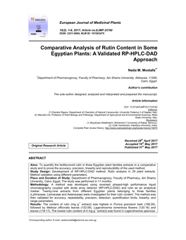 Comparative Analysis of Rutin Content in Some Egyptian Plants: a Validated RP-HPLC-DAD Approach