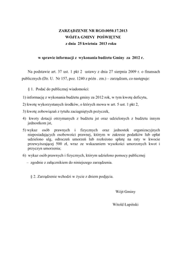 ZARZĄDZENIE NR RGO.0050.17.2013 WÓJTA GMINY POŚWIĘTNE Z Dnia 25 Kwietnia 2013 Roku