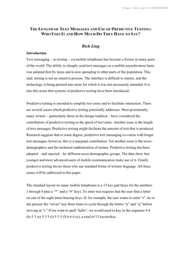 The Length of Text Messages and Use of Predictive Texting: Who Uses It and How Much Do They Have to Say?