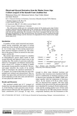 Phytol and Glycerol Derivatives from the Marine Green Alga Codium