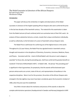 The Nobel Laureates in Literature of the African Diaspora the Nobel Laureates in Literature of the African Diaspora by Leah Creque, Ph.D