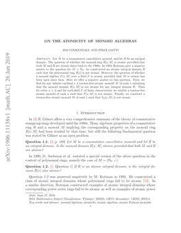 Arxiv:1906.11138V1 [Math.AC] 26 Jun 2019 Nitga Oan Stemni Domain Monoid the Is Domain