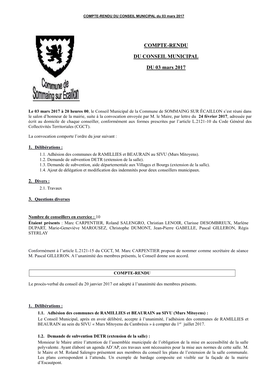 COMPTE-RENDU DU CONSEIL MUNICIPAL Du 03 Mars 2017