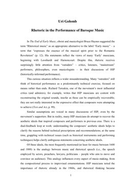 Uri Golomb Rhetoric in the Performance of Baroque Music