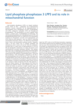 Lipid Phosphate Phosphatase 3 LPP3 and Its Role in Mitochondrial Function