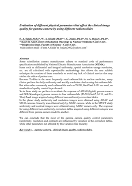 Evaluation of Different Physical Parameters That Affect the Clinical Image Quality for Gamma Camera by Using Different Radionuclides