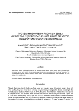 Diprion Similis (Diprionidae) As Host and Its Parasitoid, Monodontomerus Dentipes (Torymidae)