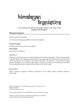 Himalayan Linguistics Outlines of Chocha-Ngachakha an Undocumented Language of Bhutan Related to Dzongkha