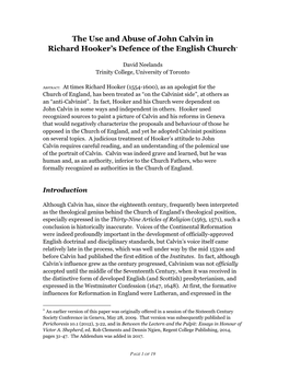 The Use and Abuse of John Calvin in Richard Hooker's Defence