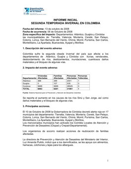 Informe Inicial Segunda Temporada Invernal En Colombia