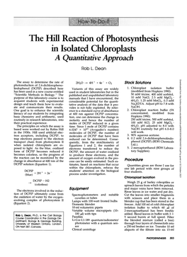 The Hill Reaction of Photosynthesis in Isolated Chloroplasts a Quantitative Approach