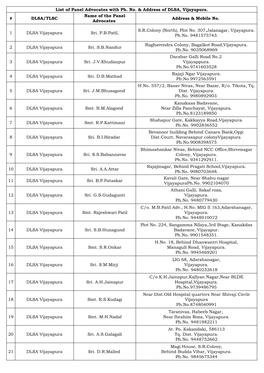 List of Panel Advocates with Ph. No. & Address of DLSA, Vijayapura
