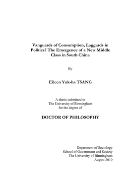 Vanguards of Consumption, Laggards in Politics? the Emergence of a New Middle Class in South China