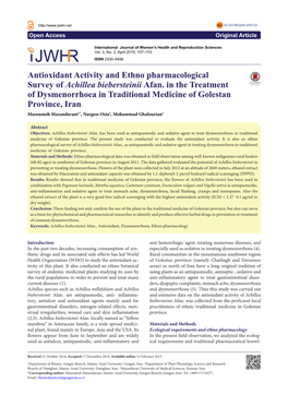 Antioxidant Activity and Ethno Pharmacological Survey of Achillea Biebersteinii Afan