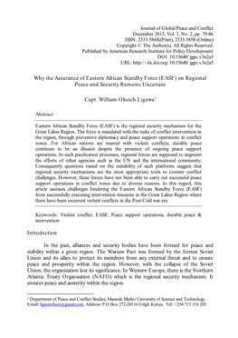 Why the Assurance of Eastern African Standby Force (EASF) on Regional Peace and Security Remains Uncertain Capt. William Oluoch