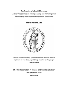 Maria Indiana Alte M. Phil Dissertation in 'Peace And