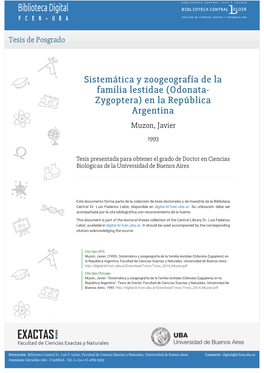 Sistemática Y Zoogeografía De La Familia Lestidae (Odonata- Zygoptera) En La República Argentina Muzon, Javier 1993