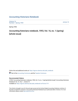 Accounting Historians Notebook, 1993, Vol. 16, No. 1 (Spring) [Whole Issue]