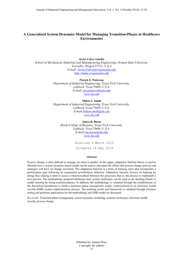 A Generalized System Dynamics Model for Managing Transition-Phases in Healthcare Environments