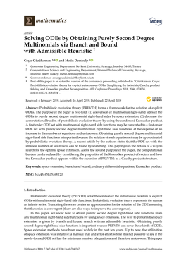 Solving Odes by Obtaining Purely Second Degree Multinomials Via Branch and Bound with Admissible Heuristic †