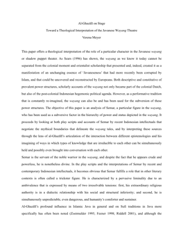 Al-Ghazālī on Stage Toward a Theological Interpretation of the Javanese Wayang Theatre Verena Meyer This Paper Offers a Theolo