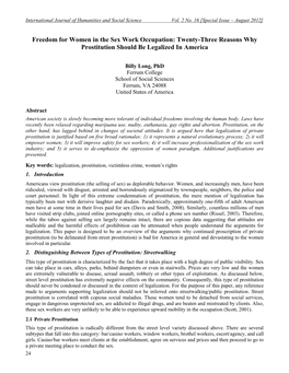 Freedom for Women in the Sex Work Occupation: Twenty-Three Reasons Why Prostitution Should Be Legalized in America