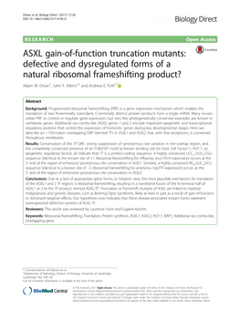 ASXL Gain-Of-Function Truncation Mutants: Defective and Dysregulated Forms of a Natural Ribosomal Frameshifting Product? Adam M