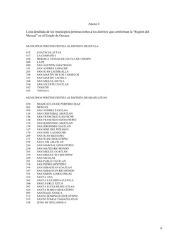 V Anexo 1 Lista Detallada De Los Municipios Pertenecientes a Los