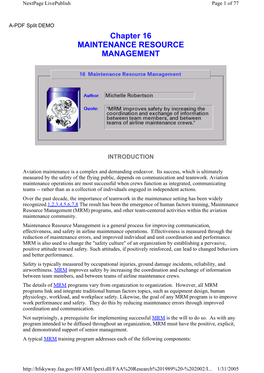 Chapter 16 MAINTENANCE RESOURCE MANAGEMENT