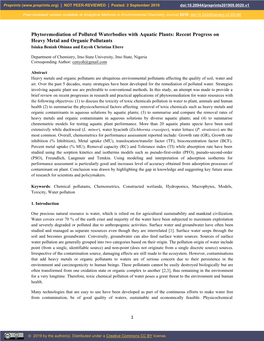 Phytoremediation of Polluted Waterbodies with Aquatic Plants: Recent Progress on Heavy Metal and Organic Pollutants Isiuku Beniah Obinna and Enyoh Christian Ebere