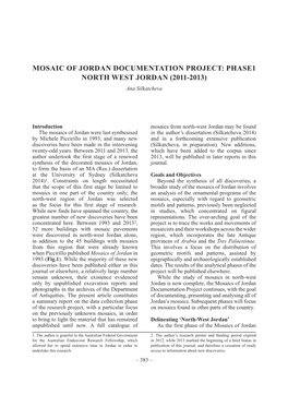 MOSAIC of JORDAN DOCUMENTATION PROJECT: PHASE1 NORTH WEST JORDAN (2011-2013) Ana Silkatcheva