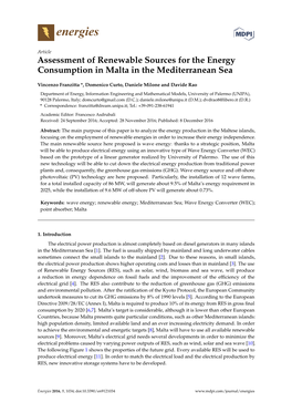 Assessment of Renewable Sources for the Energy Consumption in Malta in the Mediterranean Sea