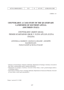 Cryptokarst: a Case-Study of the Quaternary Landforms of Southern Apulia (Southern Italy)