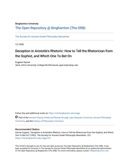 Deception in Aristotle's Rhetoric: How to Tell the Rhetorician from the Sophist, and Which One to Bet On