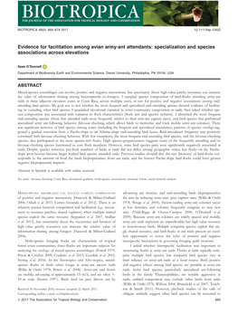 Evidence for Facilitation Among Avian Army‐Ant Attendants: Specialization and Species Associations Across Elevations