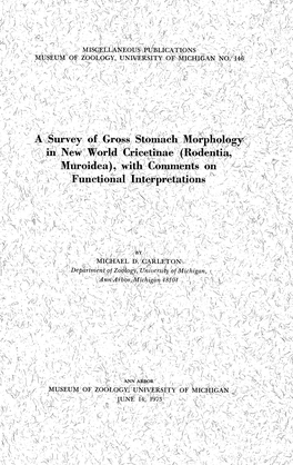 A Survey of Gross Stomach Morphology in New World Cricetinae (Rodentia, Muroidea) , with Comments on Functional Interpretations