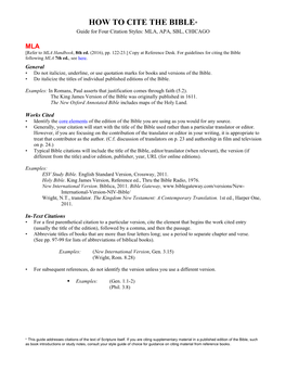 HOW to CITE the BIBLE* Guide for Four Citation Styles: MLA, APA, SBL, CHICAGO