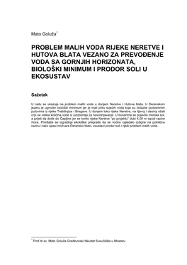 Problem Malih Voda Rijeke Neretve I Hutova Blata Vezano Za Prevođenje Voda Sa Gornjih Horizonata, Biološki Minimum I Prodor Soli U Ekosustav