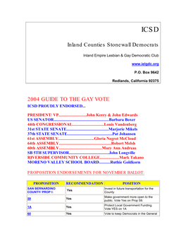 Inland Counties Stonewall Democrats 2004 GUIDE to the GAY VOTE