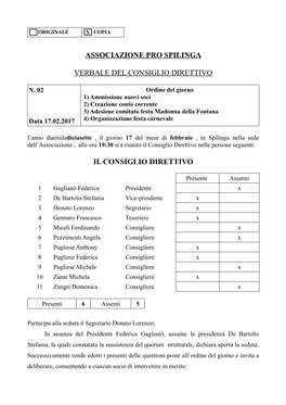 Associazione Pro Spilinga Verbale Del Consiglio