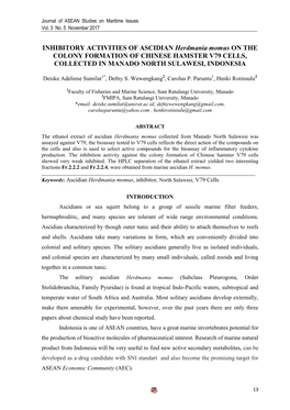 INHIBITORY ACTIVITIES of ASCIDIAN Herdmania Momus on the COLONY FORMATION of CHINESE HAMSTER V79 CELLS, COLLECTED in MANADO NORTH SULAWESI, INDONESIA