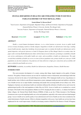 Spatial Disparities in Health Care Infrastructure in South 24 Parganas District of West Bengal, India