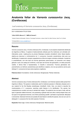 Anatomia Foliar De Varronia Curassavica Jacq. (Cordiaceae)