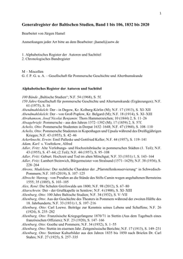 Generalregister Der Baltischen Studien, Band 1 Bis 106, 1832 Bis 2020