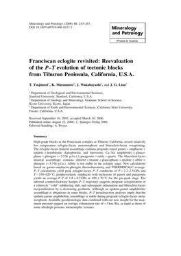 Franciscan Eclogite Revisited: Reevaluation of the P–T Evolution of Tectonic Blocks from Tiburon Peninsula, California, U.S.A