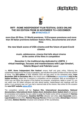 Riff - Rome Independent Film Festival Goes Online the Xix Edition from 26 November to 4 December on Mymovies.It
