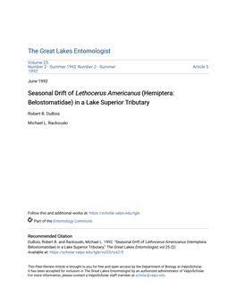 Seasonal Drift of Lethocerus Americanus (Hemiptera: Belostomatidae) in a Lake Superior Tributary