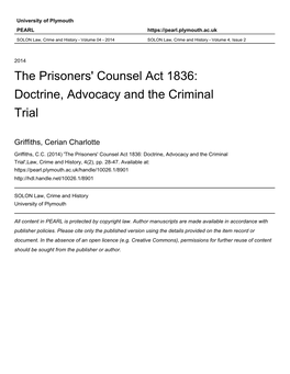 The Prisoners' Counsel Act 1836: Doctrine, Advocacy and the Criminal Trial