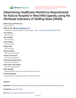 Determining Healthcare Workforce Requirements for Kuluva Hospital in West Nile-Uganda, Using the Workload Indicators of Stafng Need (WISN)